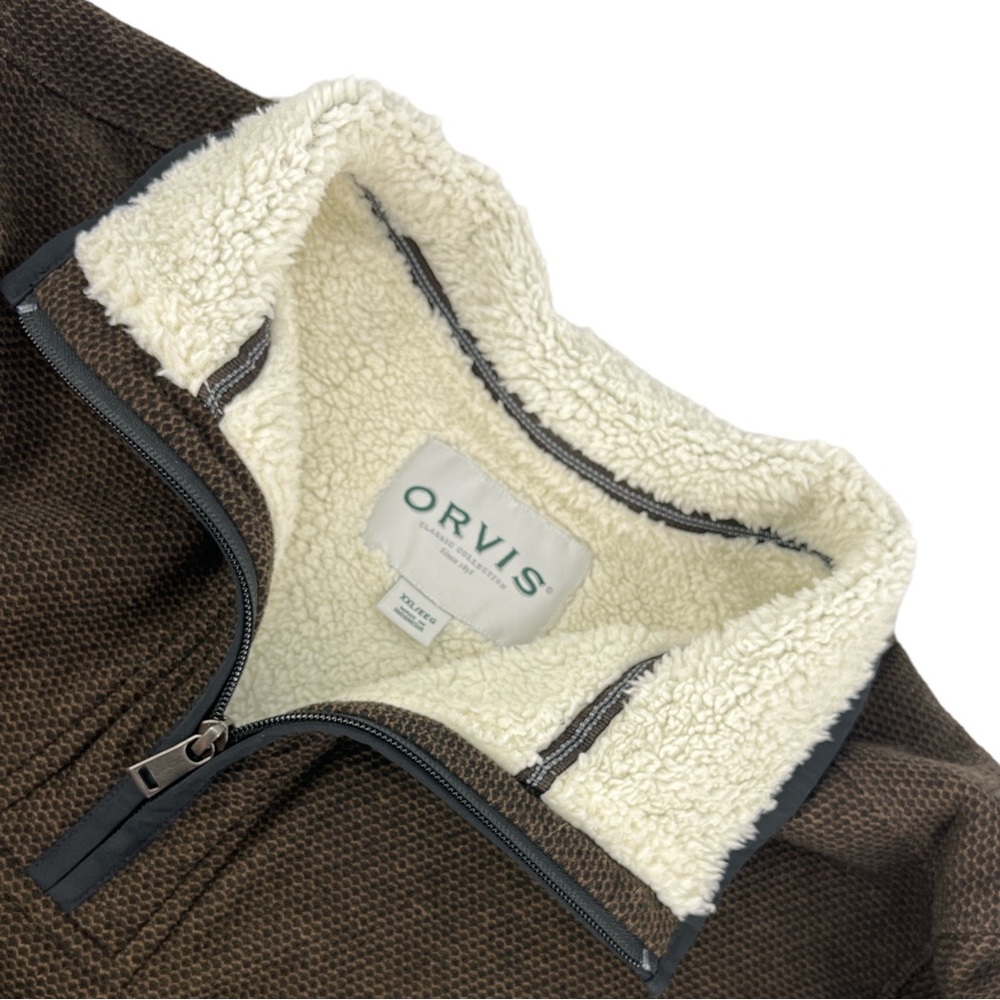 Orvis Sherpa Lined Pullover 1/4 Zip Mens Sweater Jacket Mock Neck Brown Size XXL